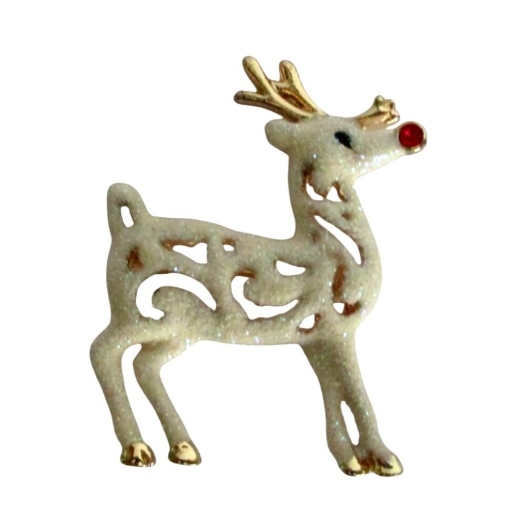Reindeer Brooch Pin Glitter Accents & Red Nose Festive Deer Holiday Jewelry